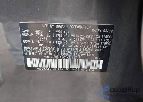 2022 Subaru Outback Limited z USA, uszkodzony, nr VIN 4S4BTANC1N3244718